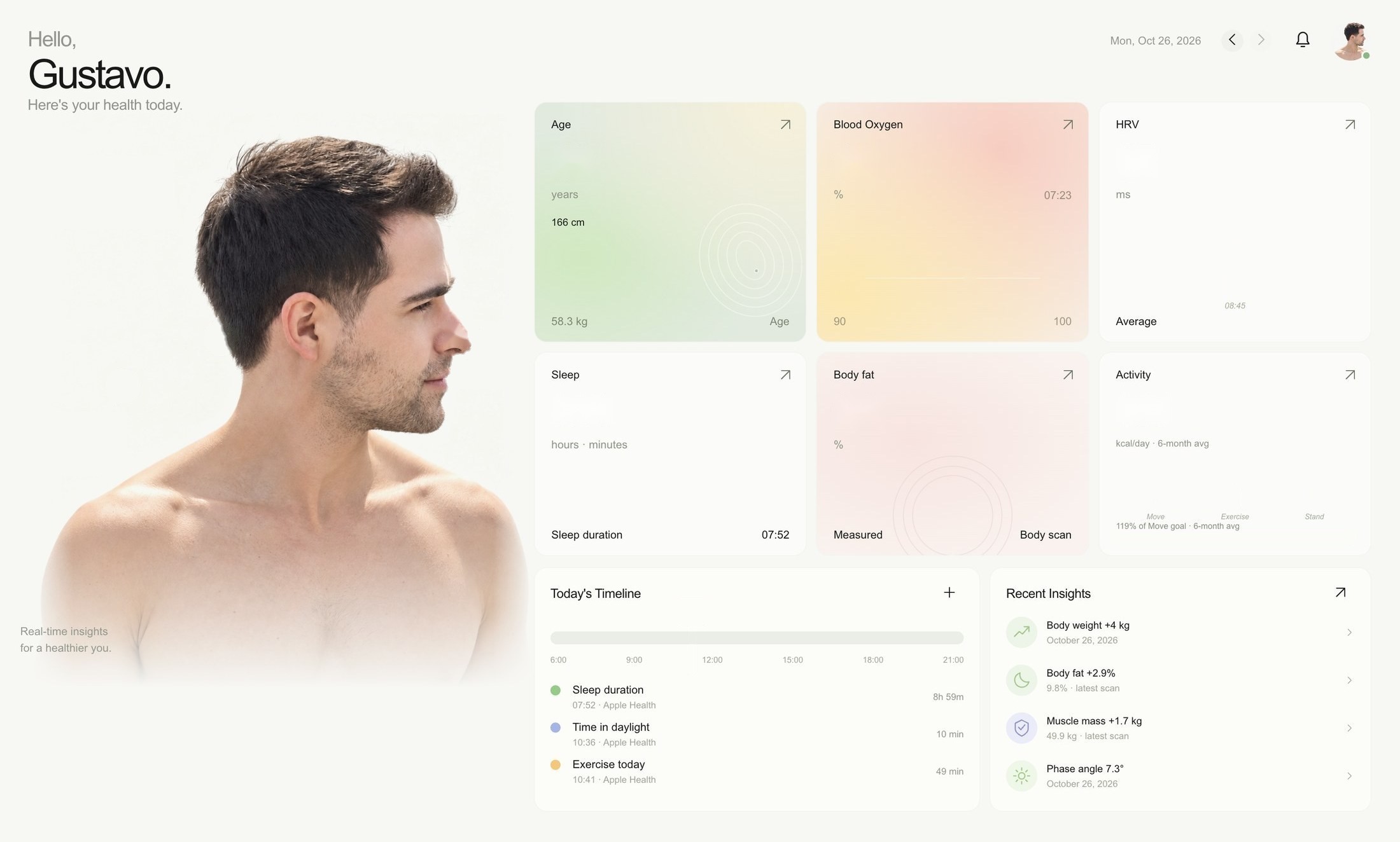 Starkio dashboard preview with a personal portrait, health measurements, timeline and recent insights